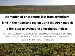 Estimation of phosphorus loss from agricultural
land in the Heartland region using the APEX model:
a first step to evaluating phosphorus indices.
J.A. Lory, N.O. Nelson, C. Baffaut, A. Senaviratne, M. Van Liew, A. Bhandari,
A Mallarino, M. Helmers, R. Udawatta, D. Sweeney and C. Wortmann
Waste to Worth Conference, Seattle, WA
 