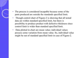 • The process is considered incapable because some of the
parts produced are outside the standards specified limit.
• Though control chart of Figure-2 is showing that all tested
data are within standard specified limit, but there is
possibility to produce product with defective thickness since
control limit is wider than standard specified limit.
• Data plotted in chart are mean value; individual values
possess some variation from mean value. So, individual value
might be out of standard specified limit in case of Figure-2.
 