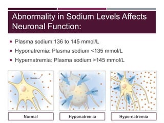 Abnormality in Sodium Levels Affects
Neuronal Function:
 Plasma sodium:136 to 145 mmol/L
 Hyponatremia: Plasma sodium <135 mmol/L
 Hypernatremia: Plasma sodium >145 mmol/L
 