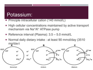 Potassium:
 Principle intracellular cation (140 mmol/L)
 High cellular concentrations maintained by active transport
mechanism via Na+/K+ ATPase pump
 Reference interval (Plasma): 3.5 – 5.0 mmol/L
 Normal daily dietary intake : at least 90 mmol/day (3510
mg/day)
Functions:
 Maintenance of ionic gradients which is required for:
• Nerve impulse transmission
• Muscle contractility
 