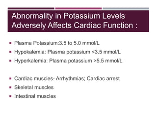 Abnormality in Potassium Levels
Adversely Affects Cardiac Function :
 Plasma Potassium:3.5 to 5.0 mmol/L
 Hypokalemia: Plasma potassium <3.5 mmol/L
 Hyperkalemia: Plasma potassium >5.5 mmol/L
 Cardiac muscles- Arrhythmias; Cardiac arrest
 Skeletal muscles
 Intestinal muscles
 