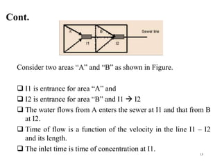 Cont.
Consider two areas “A” and “B” as shown in Figure.
 I1 is entrance for area “A” and
 I2 is entrance for area “B” and I1  I2
 The water flows from A enters the sewer at I1 and that from B
at I2.
 Time of flow is a function of the velocity in the line I1 – I2
and its length.
 The inlet time is time of concentration at I1.
13
 