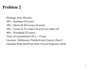 Problem 2
Drainage Area: 80 acres
30% - Rooftops (24 acres)
10% - Streets & Driveways (8 acres)
20% - Lawns @ 5% slope (16 acres) on sandy soil
40% - Woodland (32 acres)
Time of Concentration (TC) = 15 min.
Location: Tallahassee, Florida (Leon County), Zone 2
Calculate Peak runoff rate from 10-year frequency storm.
21
 