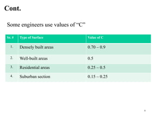 Cont.
Some engineers use values of “C”
8
Sr. # Type of Surface Value of C
1. Densely built areas 0.70 – 0.9
2. Well-built areas 0.5
3. Residential areas 0.25 – 0.5
4. Suburban section 0.15 – 0.25
 