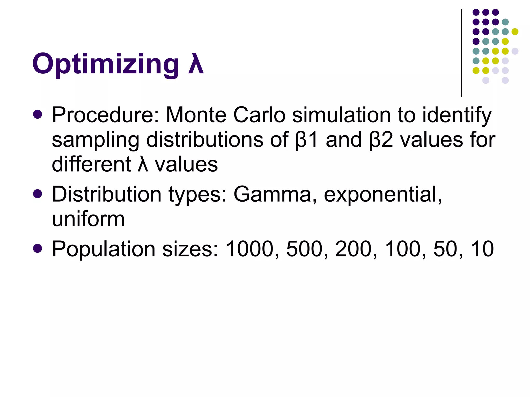 Optimizing λ Procedure: Monte Carlo simulation to identify sampling distributions of β1 and β2 values for different λ values Distribution types: Gamma, exponential, uniform Population sizes: 1000, 500, 200, 100, 50, 10 