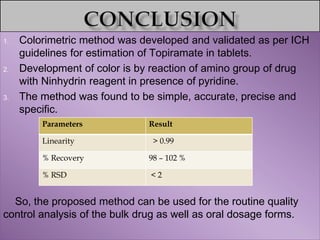 Estimation of topiramate by colorimetric method rohit bharti | PPTX