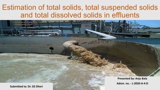 Estimation of total solids, total suspended solids
and total dissolved solids in effluents
Presented by: Anju Bala
Admn. no. - L-2020-A-4-D
Submitted to: Dr. GS Dheri
 