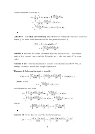 ; b; is obtained byminimizing q = 0 = (y  Xb)0 (y  Xb). 
The FOC is 
@q 
@b0 
= 2 (y  Xb)0X = 0 
y0X = b0X0X 
with solution 
b = (X0X)1X0y 
provided that X0X has full rank (so the inverse is well-de…ned), i.e. that X has rank 
k: 
Theorem 1 (Gauss-Markov) Assume that X is non-stochastic and E () = 0; 
V ar () = 2I: Then V ar (b) = 2 (X0X)1 and b is the BLUE (Best Linear Un- 
biased Estimator) of  