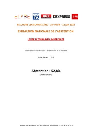 ELECTIONS LEGISLATIVES 2022 - 1er TOUR – 12 juin 2022
ESTIMATION NATIONALE DE L'ABSTENTION
Première estimation de l’abstention à 20 heures
Heure d'envoi : 17h10
Abstention : 52,8%
(France Entière)
LEVEE D'EMBARGO IMMEDIATE
Contact ELABE : Marie-Rose BESLIN - marie-rose.beslin@elabe.fr - Tel : 06 20 84 51 31
 