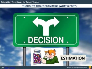LINK BOOK / WEBSITE
Estimation Techniques for Scrum Teams
Morning Talk Series: Transforming Teams
THOUGHTS ABOUT ESTIMATION (WHAT’S FOR?)
ESTIMATION
 