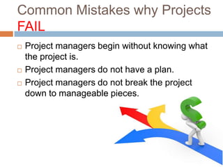 Common Mistakes why Projects
FAIL
   Project managers begin without knowing what
    the project is.
   Project managers do not have a plan.
   Project managers do not break the project
    down to manageable pieces.
 