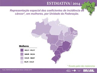 Representação espacial dos coeficientes de incidência de
câncer*, em mulheres, por Unidade da Federação.
* Exceto pele não melanoma
Fonte: MS/INCA/ Estimativa de Câncer no Brasil, 2013
 