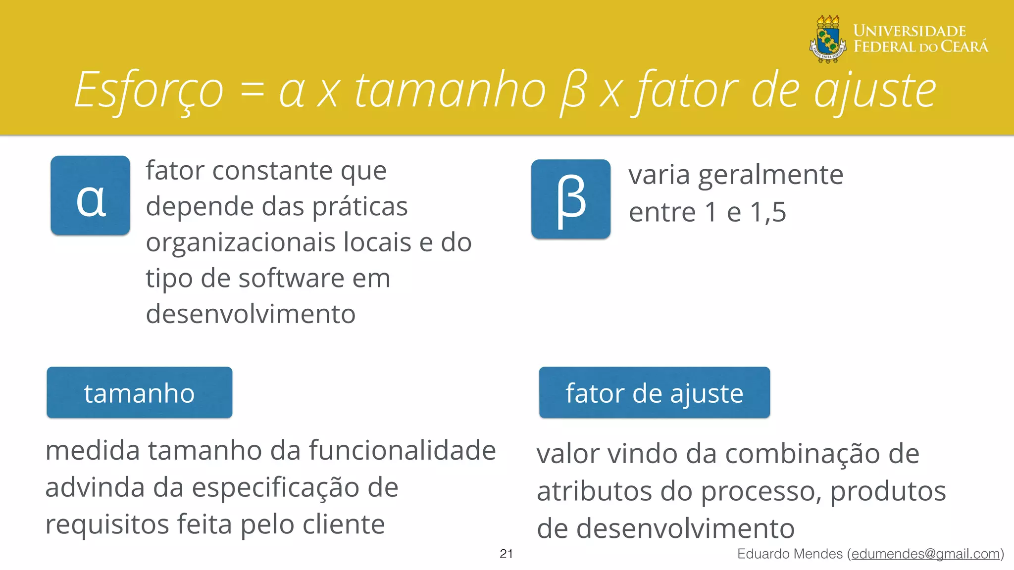 Eduardo Mendes (edumendes@gmail.com)
Esforço = α x tamanho β x fator de ajuste
fator constante que
depende das práticas
organizacionais locais e do
tipo de software em
desenvolvimento
21
varia geralmente 
entre 1 e 1,5α
medida tamanho da funcionalidade
advinda da especiﬁcação de
requisitos feita pelo cliente
tamanho
β
valor vindo da combinação de
atributos do processo, produtos
de desenvolvimento
fator de ajuste
 