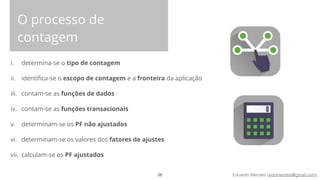 Eduardo Mendes (edumendes@gmail.com)
O processo de
contagem
i. determina-se o tipo de contagem
ii. identiﬁca-se o escopo de contagem e a fronteira da aplicação
iii. contam-se as funções de dados
iv. contam-se as funções transacionais
v. determinam-se os PF não ajustados
vi. determinam-se os valores dos fatores de ajustes
vii. calculam-se os PF ajustados
28
 