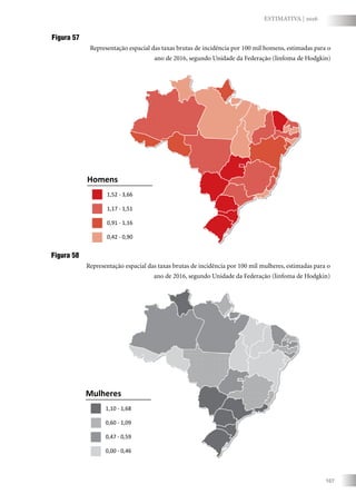 107
ESTIMATIVA | 2016
Figura 57
Representação espacial das taxas brutas de incidência por 100 mil homens, estimadas para o
ano de 2016, segundo Unidade da Federação (linfoma de Hodgkin)
Mulheres
1,10 - 1,68
0,60 - 1,09
0,47 - 0,59
0,00 - 0,46
Homens
1,52 - 3,66
1,17 - 1,51
0,91 - 1,16
0,42 - 0,90
Figura 58
Representação espacial das taxas brutas de incidência por 100 mil mulheres, estimadas para o
ano de 2016, segundo Unidade da Federação (linfoma de Hodgkin)
 