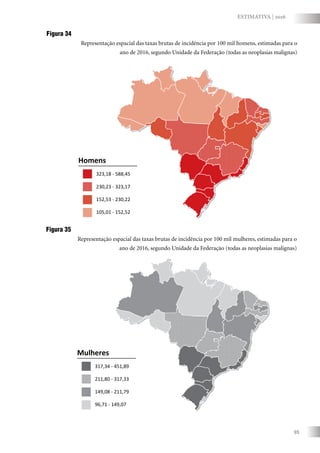 95
ESTIMATIVA | 2016
Figura 34
Representação espacial das taxas brutas de incidência por 100 mil homens, estimadas para o
ano de 2016, segundo Unidade da Federação (todas as neoplasias malignas)
Mulheres
317,34 - 451,89
211,80 - 317,33
149,08 - 211,79
96,71 - 149,07
Homens
323,18 - 588,45
230,23 - 323,17
152,53 - 230,22
105,01 - 152,52
Figura 35
Representação espacial das taxas brutas de incidência por 100 mil mulheres, estimadas para o
ano de 2016, segundo Unidade da Federação (todas as neoplasias malignas)
 