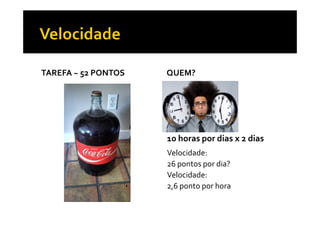 TAREFA ~ 52 PONTOS QUEM?
10 horas por dias x 2 dias
Velocidade:
26 pontos por dia?
Velocidade:
2,6 ponto por hora
 