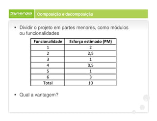 Composição e decomposição


Dividir o projeto em partes menores, como módulos
ou funcionalidades
      Funcionalidade   Esforço estimado (PM)
             1                    2
             2                   2,5
             3                    1
             4                   0,5
             5                    1
             6                    3
           Total                 10

Qual a vantagem?
 
