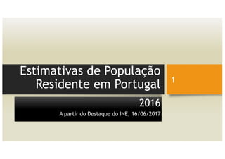 Estimativas de População
Residente em Portugal
2016
A partir do Destaque do INE, 16/06/2017
1
 