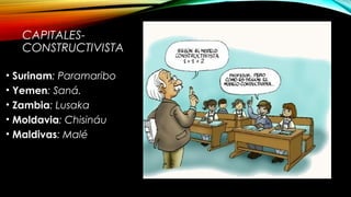 CAPITALES-
CONSTRUCTIVISTA
• Surinam: Paramaribo
• Yemen: Saná.
• Zambia: Lusaka
• Moldavia: Chisináu
• Maldivas: Malé
 