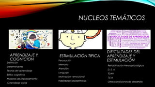 NUCLEOS TEMÁTICOS
APRENDIZAJE Y
COGNICION
Definición
Determinantes
Teorías del aprendizaje
Estilos cognitivos
Modelos de procesamiento
Aprendizaje social
DIFICULTADES DEL
APRENDIZAJE Y
ESTIMULACIÓN
Rehabilitación Neuropsicológica
D. E. A
TDAH
T.E.A
Otras condiciones de desarrollo
ESTIMULACIÓN TIPICA
Percepción
Memoria
Atención
Lenguaje
Motivación –emocional
Habilidades académicas
 