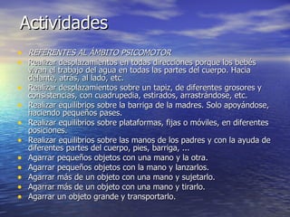 Actividades REFERENTES AL ÁMBITO PSICOMOTOR Realizar desplazamientos en todas direcciones porque los bebés vivan el trabajo del agua en todas las partes del cuerpo. Hacia delante, atrás, al lado, etc. Realizar desplazamientos sobre un tapiz, de diferentes grosores y consistencias, con cuadrupedia, estirados, arrastrándose, etc. Realizar equilibrios sobre la barriga de la madres. Solo apoyándose, haciendo pequeños pases. Realizar equilibrios sobre plataformas, fijas o móviles, en diferentes posiciones. Realizar equilibrios sobre las manos de los padres y con la ayuda de diferentes partes del cuerpo, pies, barriga, ... Agarrar pequeños objetos con una mano y la otra. Agarrar pequeños objetos con la mano y lanzarlos. Agarrar más de un objeto con una mano y sujetarlo. Agarrar más de un objeto con una mano y tirarlo. Agarrar un objeto grande y transportarlo. 
