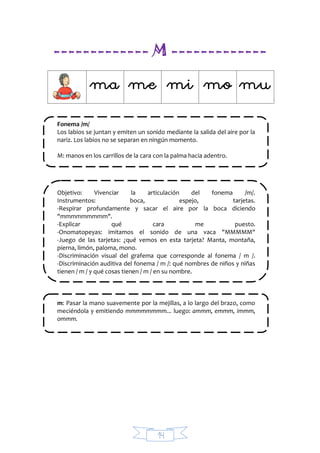 14
------------- M -------------


Fonema /m/
Los labios se juntan y emiten un sonido mediante la salida del aire por la
nariz. Los labios no se separan en ningún momento.
M: manos en los carrillos de la cara con la palma hacia adentro.
Objetivo: Vivenciar la articulación del fonema /m/.
Instrumentos: boca, espejo, tarjetas.
-Respirar profundamente y sacar el aire por la boca diciendo
"mmmmmmmmm".
-Explicar qué cara me puesto.
-Onomatopeyas: imitamos el sonido de una vaca "MMMMM"
-Juego de las tarjetas: ¿qué vemos en esta tarjeta? Manta, montaña,
pierna, limón, paloma, mono.
-Discriminación visual del grafema que corresponde al fonema / m /.
-Discriminación auditiva del fonema / m /: qué nombres de niños y niñas
tienen / m / y qué cosas tienen / m / en su nombre.
m: Pasar la mano suavemente por la mejillas, a lo largo del brazo, como
meciéndola y emitiendo mmmmmmmm... luego: ammm, emmm, immm,
ommm.
 