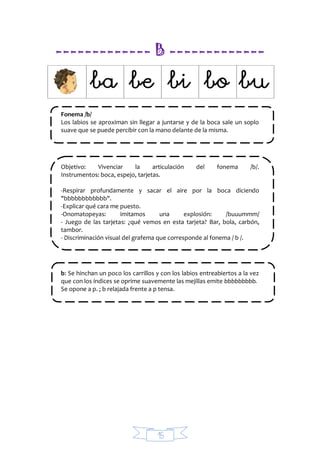 15
------------- B -------------


Fonema /b/
Los labios se aproximan sin llegar a juntarse y de la boca sale un soplo
suave que se puede percibir con la mano delante de la misma.
Objetivo: Vivenciar la articulación del fonema /b/.
Instrumentos: boca, espejo, tarjetas.
-Respirar profundamente y sacar el aire por la boca diciendo
"bbbbbbbbbbbb".
-Explicar qué cara me puesto.
-Onomatopeyas: imitamos una explosión: /buuummm/
- Juego de las tarjetas: ¿qué vemos en esta tarjeta? Bar, bola, carbón,
tambor.
- Discriminación visual del grafema que corresponde al fonema / b /.
b: Se hinchan un poco los carrillos y con los labios entreabiertos a la vez
que con los índices se oprime suavemente las mejillas emite bbbbbbbbb.
Se opone a p. ; b relajada frente a p tensa.
 