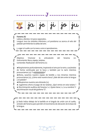 24
------------- J -------------


Fonema /X/
Labios y dientes: Un poco separados.
Lengua: toca los alvéolos inferiores y el postdorso se acerca al velo del
paladar permitiendo la salida del aire.
j, coger el cuello con la mano como si apretásemos.
Objetivo: Vivenciar la articulación del fonema /x/.
Instrumento: Boca, espejo, tarjetas.
Contenido: Realización del fonema /x/.
Respiraremos profundamente, inspirando el aire por la nariz y sacándolo
de forma continuada por la boca y también por la nariz mientras
pronunciamos x: "cajjjjjjjjjjjjjjjjjjjjjjja"
Ahora, sacamos nuestro espejo de bolsillo y nos miramos mientras
pronunciamos x. ¿Cómo está nuestra boca? ¿Sale del aire entre la lengua
y el paladar?
Dibujaremos nuestra cara diciendo x.
 Jugaremos ahora al juego de las tarjetas. ¿Qué vemos en esta tarjeta ?
 Discriminación auditiva del fonema / x /: Quien tiene / x / a su nombre? Y
discriminación visual del grafema "j".
j: Dedo índice debajo de la barbilla en el ángulo de unión con el cuello,
emisión del fonema para percibir el movimiento de elevación de la base de
la lengua.
 