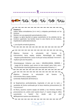 30
------------- R -------------


Fonema /r/
Labios: labios entreabiertos (10-12 mm.) y relajados permitiendo ver los
incisivos.
Dientes: con una separación aproximada de 5 mms.
Lengua: su ápice (punta) se apoya suavemente en los alvéolos de los
incisivos superiores. Sus bordes tocan la cara interna de los molares,
impidiendo la salida lateral del aire.
r, con el puño cerrado lo giramos.
Objetivo: Vivenciar la articulación del fonema /r/.
Instrumentos: boca, espejo, tarjetas. Metodología de trabajo:
- Respirar profundamente y sacar el aire por la boca diciendo "rrrrrrrrrrr".
-Explicar qué cara me puesto.
-Onomatopeyas: imitamos una moto / BRURRUUMMM, RRRRRR /
- Juego de las tarjetas: ¿qué vemos en esta tarjeta? pera, lirón, cero...
- Discriminación visual del grafema que corresponde al fonema / r /.
Objetivo: Vivenciar la articulación del fonema /r/.
Instrumento: Boca, espejo, tarjetas.
Contenido: Realización del fonema /r/.
 Respiraremos profundamente, inspirando el aire por la nariz y
sacándolo de forma continuada por la boca mientras pronunciamos r:
"rrrrrrrrrrrrrrr"
 Ahora, sacamos nuestro espejo de bolsillo y nos miramos mientras
pronunciamos r. ¿Cómo está nuestra boca? ¿Y nuestra lengua? ¿Vibra
suavemente o fuerte? Por donde sale el aire?
Dibujaremos nuestra cara diciendo r.
 