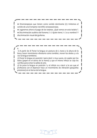 31
 Onomatopeyas que tienen como sonido dominante r: Imitemos el
sonido de una trompeta: tarariiiiií, taraaaaaaraaaa.
 Jugaremos ahora al juego de las tarjetas. ¿Qué vemos en esta tarjeta ?.
 Discriminación auditiva del fonema / r /: Quien tiene / r / a su nombre? Y
discriminación visual del grafema.
r:
1) A partir de /l/ Poner la lengua en postura de l, mano a la altura de la
boca, hacer movimiento vibratorio como temblor, mover los dedos y a la
vez la lengua temblona.
2) Poner la lengua en posición l pero decir z muy suave, sin soplar por los
lados (papel en el dorso de la mano) y que el mismo niño/a se coja los
carrillos para evitar la salida de aire.
3) Se pone la lengua en posición l y el niño/a va a decir a la vez que el
profesor/a con el depresor hace un movimiento de vibración (pequeñas
presiones) en el dorso de la lengua.
 