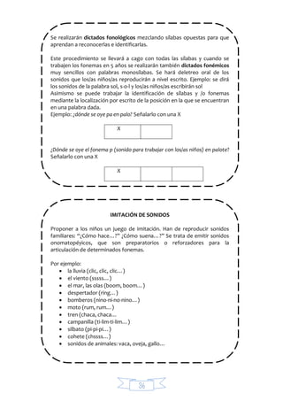 36
Se realizarán dictados fonológicos mezclando sílabas opuestas para que
aprendan a reconocerlas e identificarlas.
Este procedimiento se llevará a cago con todas las sílabas y cuando se
trabajen los fonemas en 5 años se realizarán también dictados fonémicos
muy sencillos con palabras monosílabas. Se hará deletreo oral de los
sonidos que los/as niños/as reproducirán a nivel escrito. Ejemplo: se dirá
los sonidos de la palabra sol, s-o-l y los/as niños/as escribirán sol
Asimismo se puede trabajar la identificación de sílabas y /o fonemas
mediante la localización por escrito de la posición en la que se encuentran
en una palabra dada.
Ejemplo: ¿dónde se oye pa en palo? Señalarlo con una X
X
¿Dónde se oye el fonema p (sonido para trabajar con los/as niños) en palote?
Señalarlo con una X
X
IMITACIÓN DE SONIDOS
Proponer a los niños un juego de imitación. Han de reproducir sonidos
familiares: “¿Cómo hace…?” ¿Cómo suena…?” Se trata de emitir sonidos
onomatopéyicos, que son preparatorios o reforzadores para la
articulación de determinados fonemas.
Por ejemplo:
 la lluvia (clic, clic, clic…)
 el viento (sssss…)
 el mar, las olas (boom, boom…)
 despertador (ring…)
 bomberos (nino-ni-no-nino…)
 moto (rum, rum…)
 tren (chaca, chaca…
 campanilla (ti-lim-ti-lim…)
 silbato (pi-pi-pi…)
 cohete (chssss…)
 sonidos de animales: vaca, oveja, gallo…
 