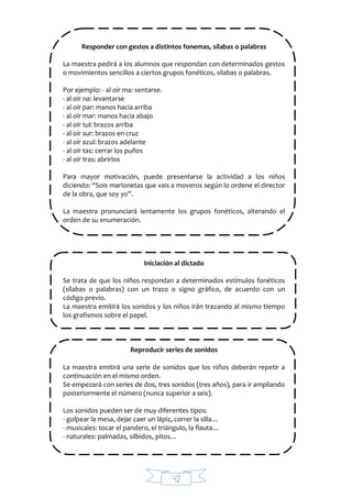 42
Responder con gestos a distintos fonemas, sílabas o palabras
La maestra pedirá a los alumnos que respondan con determinados gestos
o movimientos sencillos a ciertos grupos fonéticos, sílabas o palabras.
Por ejemplo: - al oír ma: sentarse.
- al oír na: levantarse
- al oír par: manos hacia arriba
- al oír mar: manos hacia abajo
- al oír tul: brazos arriba
- al oír sur: brazos en cruz
- al oír azul: brazos adelante
- al oír tas: cerrar los puños
- al oír tras: abrirlos
Para mayor motivación, puede presentarse la actividad a los niños
diciendo: “Sois marionetas que vais a moveros según lo ordene el director
de la obra, que soy yo”.
La maestra pronunciará lentamente los grupos fonéticos, alterando el
orden de su enumeración.
Iniciación al dictado
Se trata de que los niños respondan a determinados estímulos fonéticos
(sílabas o palabras) con un trazo o signo gráfico, de acuerdo con un
código previo.
La maestra emitirá los sonidos y los niños irán trazando al mismo tiempo
los grafismos sobre el papel.
Reproducir series de sonidos
La maestra emitirá una serie de sonidos que los niños deberán repetir a
continuación en el mismo orden.
Se empezará con series de dos, tres sonidos (tres años), para ir ampliando
posteriormente el número (nunca superior a seis).
Los sonidos pueden ser de muy diferentes tipos:
- golpear la mesa, dejar caer un lápiz, correr la silla…
- musicales: tocar el pandero, el triángulo, la flauta…
- naturales: palmadas, silbidos, pitos…
 