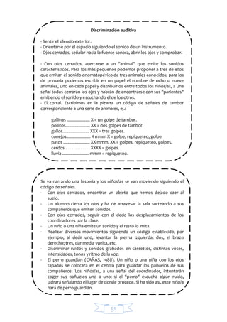 59
Discriminación auditiva
- Sentir el silencio exterior.
- Orientarse por el espacio siguiendo el sonido de un instrumento.
- Ojos cerrados, señalar hacia la fuente sonora, abrir los ojos y comprobar.
- Con ojos cerrados, acercarse a un "animal" que emite los sonidos
característicos. Para los más pequeños podemos proponer a tres de ellos
que emitan el sonido onomatopéyico de tres animales conocidos; para los
de primaria podemos escribir en un papel el nombre de ocho o nueve
animales, uno en cada papel y distribuirlos entre todos los niños/as, a una
señal todos cerrarán los ojos y habrán de encontrarse con sus "parientes"
emitiendo el sonido y escuchando el de los otros.
- El corral. Escribimos en la pizarra un código de señales de tambor
correspondiente a una serie de animales, ej.:
gallinas .................... X = un golpe de tambor.
pollitos..................... XX = dos golpes de tambor.
gallos....................... XXX = tres golpes.
conejos..................... X mmm X = golpe, repiqueteo, golpe
patos ....................... XX mmm. XX = golpes, repiqueteo, golpes.
cerdos ......................XXXX = golpes.
lluvia ....................... mmm = repiqueteo.
Se va narrando una historia y los niños/as se van moviendo siguiendo el
código de señales.
- Con ojos cerrados, encontrar un objeto que hemos dejado caer al
suelo.
- Un alumno cierra los ojos y ha de atravesar la sala sorteando a sus
compañeros que emiten sonidos.
- Con ojos cerrados, seguir con el dedo los desplazamientos de los
coordinadores por la clase.
- Un niño o una niña emite un sonido y el resto lo imita.
- Realizar diversos movimientos siguiendo un código establecido, por
ejemplo, al decir uno, levantar la pierna izquierda; dos, el brazo
derecho; tres, dar media vuelta, etc.
- Discriminar ruidos y sonidos grabados en cassettes, distintas voces,
intensidades, tonos y ritmo de la voz.
- El perro guardián (CAÑAS, 1988). Un niño o una niña con los ojos
tapados se colocará en el centro para guardar los pañuelos de sus
compañeros. Los niños/as, a una señal del coordinador, intentarán
coger sus pañuelos uno a uno; si el "perro" escucha algún ruido,
ladrará señalando el lugar de donde procede. Si ha sido así, este niño/a
hará de perro guardián.
 