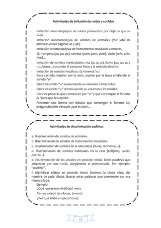 60
Actividades de imitación de ruidos y sonidos
- Imitación onomatopéyica de ruidos producidos por objetos que se
caen.
- Imitación onomatopéyica de sonidos de animales (Ver loto de
animales en las páginas 47 y 48).
- Imitación onomatopéyica de instrumentos musicales comunes.
Ej: trompeta (pa, pa, pa), tambor (pom, pom, pom), violín (chín, chín,
chín)…
- Imitación de sonidos inarticulados: risa (ja, ja, ja), llanto (ua, ua, ua),
tos, besos...buscando el contacto físico y la relación afectiva.
- Imitación de sonidos vocálicos. Ej: fonema / u /:
- Boca cerrada, inspirar por la nariz, espirar por la boca emitiendo el
sonido “u”.
- Emitir el sonido “u” aumentando su volumen o intensidad.
- Emitir el sonido “u” disminuyendo su volumen o intensidad.
- Decirles palabras que comiencen por “u” y que contengan el fonema
/u / para que las repitan.
- Presentar una lámina con dibujos que contengan el fonema /u/,
preguntándoles después ¿qué es esto?...
Actividades de discriminación auditiva:
a. Discriminación de sonidos de animales.
b. Discriminación de sonidos de instrumentos musicales.
c. Discriminación de sonidos de la naturaleza (lluvia, tormenta,...).
d. Discriminación de sonidos habituales en la casa (teléfono, wáter,
puerta...).
e. Discriminación de las vocales en posición inicial. Decir palabras que
empiecen por una vocal, alargándola al pronunciarla. Por ejemplo:
“aaabeja”.
f. Identificar sílabas en posición inicial. Decimos la sílaba inicial del
nombre de cada dibujo. Buscar otras palabras que comiencen por esa
misma sílaba.
Ejemplo:
¿Qué representa el dibujo? moto
Vamos a decir las sílabas: (mo-to)
¿Por qué sílaba empieza? (mo)
 