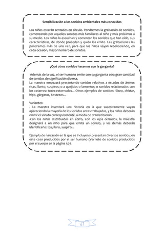 67
Sensibilización a los sonidos ambientales más conocidos
Los niños estarán sentados en círculo. Pondremos la grabación de sonidos,
comenzando por aquellos sonidos más familiares al niño y más próximos a
su medio. Los niños la escuchan y comentan los sonidos que han oído, sus
características, de dónde proceden y quién los emite. Las grabaciones las
pondremos más de una vez, para que los niños vayan reconociendo, en
cada ocasión, mayor número de sonidos.
¿Qué otros sonidos hacemos con la garganta?
Además de la voz, el ser humano emite con su garganta otra gran cantidad
de sonidos de significación diversa.
La maestra empezará presentando sonidos relativos a estados de ánimo:
risas, llanto, suspiros; o a quejidos o lamentos; o sonidos relacionados con
los catarros: toses-estornudos... Otros ejemplos de sonidos: Siseo, chistar,
hipo, gárgaras, bostezos...
Variantes:
- La maestra inventará una historia en la que sucesivamente vayan
apareciendo la mayoría de los sonidos antes trabajados, y los niños deberán
emitir el sonido correspondiente, a modo de dramatización.
-Con los niños distribuidos en corro, con los ojos cerrados, la maestra
designará a un niño para que emita un sonido, y los demás deberán
identificarlo: tos, lloro, suspiro...
Ejemplo de narración en la que se incluyen y presentan diversos sonidos, en
este caso producidos por el ser humano (Ver loto de sonidos producidos
por el cuerpo en la página 50).
 