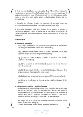 91
6. Dada una lista de dibujos con actividades de la vida cotidiana (atarse los
zapatos, comer solo, vestirse, bailar, jugar con los compañeros, compartir
los juguetes, gritar...) cada niño seleccionará tres actividades que realiza
mejor y otras tres que realiza peor, verbalizándolas delante de sus
compañeros.
7. Sentados los niños en círculo, irán diciendo a la vez que botan una
pelota, una cualidad positiva del compañero que tienen al lado.
8. Los niños dibujarán cada uno dentro de un marco su retrato y
comentarán después cómo es cada uno y qué tiene de especial. Se
conversará sobre las diferencias entre las personas tanto en niños como
en adultos.
2. FONOLOGÍA
a. Motricidad bucofacial.
a.1 ¿El papá de Roberto con qué trabajaba? (realizar las vibraciones
con la lengua imitando el sonido de la motosierra).
a.2 ¿Qué hacía Nicolás con la viruta de la leña? (sostener con el labio
superior un lápiz imitando el bigote de su padre)
a.3 ¿Cómo se sentía Roberto cuando le miraban con miedo?
(expresión de tristeza)
a.4 ¿Cómo se sentía al principio Nicolás cuando vio al oso Roberto?
(cara de asustado)
a.5 ¿Dónde acompañó Nicolás a su padre? (al bosque, chasqueo de la
lengua imitando el sonido de las hojas secas)
a.6 ¿Qué es lo que empezó a hacer de repente? (viento: soplo fuerte)
a.7 ¿Cómo se revolvía en la tierra el señor erizo? (redondeo de los
labios)
b. Discriminación auditiva y auditivo-fonética.
b.1 Decir una serie de palabras: masa, pera, oso, pisa, asa, coso, roso,
oso, dorso, oso, poso, piso, oso, aso, uso, oso. Cada vez que aparezca
la palabra oso los niños se relamen, se tocan la nariz, se levantan, se
sientan, dan saltos, zapatean, levantan los brazos... Esta misma
actividad se hará con las palabras OTOÑO, HOJAS, BOSQUE.
b.2 Juego del eco: utilizar los nombres relativos al otoño: hojas,
viento, nube, lluvia, paraguas,
Se hace el eco con el último sonido. Ejemplo: hoja-aaaaaa
 