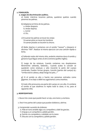 98
2. FONOLOGÍA.
a. Juegos de discriminación auditiva.
a) Andar mientras tocamos palmas, quedarse quietos cuando
paremos las palmas.
b) Adaptarse al ritmo de las palmas.
a. Andar despacio
b. Andar deprisa.
c. Correr
d. Etc.
c) Si suenan las palmas se tocan las orejas
Si suenan pitos se tocan los hombros
Si suenan pisadas se tocarán la cintura.
d) Bailar deprisa si cantamos con el sonido “ooooo” y despacio si
decimos “iiiiii”. Realizar el mismo ejercicio con una canción rápida o
lenta.
e) Saliendo todos del mismo sitio, andarán mientras dure el sonido y
ganará el que llegue antes al otro extremo (pollito inglés).
f) Juego de las estatuas. Cuando cantamos nos desplazamos
libremente: saltando, bailando... Cuando acaba la canción se
quedarán como estatuas y sólo moverán la parte del cuerpo
nombrada. Pueden formar grupos. Canción (partes del cuerpo) ej.:
“arriba está la cabeza, abajo tengo los pies...”
g) Si el sonido es alto o fuerte nos ponemos estirados como
gigantes. Si es bajo o débil nos agachamos como enanitos.
h) Cada niño pronuncia una parte del cuerpo en voz alta. Si contiene
el sonido al que aludimos lo repite toda la clase; si no, pasa al
siguiente niño.
3. MORFOSINTAXIS
1. Busca tres cosas que pueda hacer un ojo, una mano y una boca.
2. Decir tres partes del cuerpo que puedan doblarse y abrirse.
3. Comprender sucesión de órdenes:
e. Pide en tono amable algo a tu compañero y dale las gracias.
f. Empuja a un compañero y pídele perdón.
g. Sonríe a tu compañero y salúdale con la mano
h. Discute con tu compañero y pídele perdón.
 