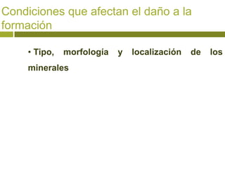 Condiciones que afectan el daño a la
formación

     • Tipo,   morfología   y   localización   de   los
     minerales
 