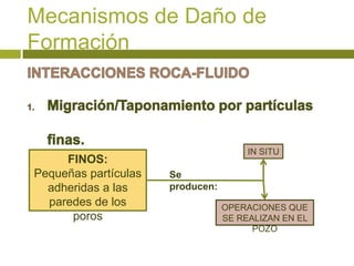 Mecanismos de Daño de
Formación



                                       IN SITU
     FINOS:
Pequeñas partículas   Se
  adheridas a las     producen:
  paredes de los                  OPERACIONES QUE
      poros                       SE REALIZAN EN EL
                                        POZO
 
