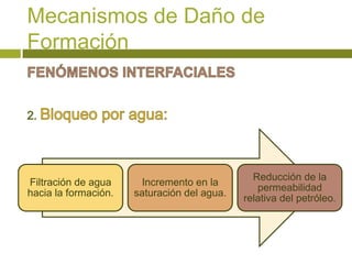 Mecanismos de Daño de
Formación




                                               Reducción de la
Filtración de agua     Incremento en la
                                                permeabilidad
hacia la formación.   saturación del agua.
                                             relativa del petróleo.
 