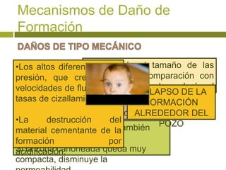 Mecanismos de Daño de
Formación

                   De acuerdo al tamaño de las
•Los altos diferenciales de
presión, El medio partículas en comparación con
          que crean altas
                    poroso también
                   las gargantas, dependerá el
velocidades de ser invadido por
                flujo y altas
         puede                  COLAPSO DE LA
                   daño
tasas de partículas solidas durante la
         cizallamiento.           FORMACIÓN
          perforación, reparación o
                                ALREDEDOR DEL
•La      destrucción agua.
          inyección de del
El proceso de CAÑONEOla
material cementante de      también POZO
afecta!
formación                 por
Si la zona cañoneada queda muy
acidificación.
compacta, disminuye la
 