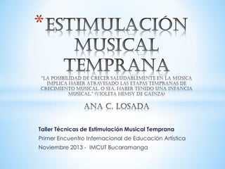 *

Taller Técnicas de Estimulación Musical Temprana
Primer Encuentro Internacional de Educación Artística
Noviembre 2013 - IMCUT Bucaramanga

 