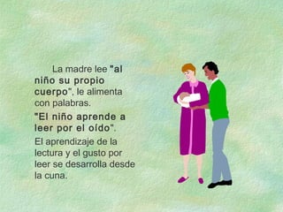 La madre lee "al
niño su propio
cuerpo", le alimenta
con palabras.
"El niño aprende a
leer por el oído".
El aprendizaje de la
lectura y el gusto por
leer se desarrolla desde
la cuna.
 