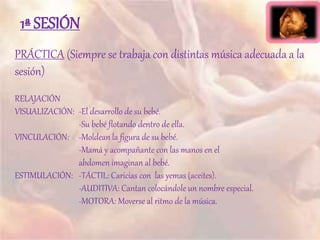 1ª SESIÓN
PRÁCTICA (Siempre se trabaja con distintas música adecuada a la
sesión)
RELAJACIÓN
VISUALIZACIÓN: -El desarrollo de su bebé.
-Su bebé flotando dentro de ella.
VINCULACIÓN: -Moldean la figura de su bebé.
-Mamá y acompañante con las manos en el
abdomen imaginan al bebé.
ESTIMULACIÓN: -TÁCTIL: Caricias con las yemas (aceites).
-AUDITIVA: Cantan colocándole un nombre especial.
-MOTORA: Moverse al ritmo de la música.
 