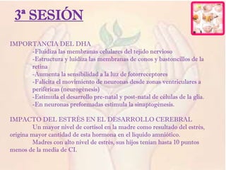 3ª SESIÓN
IMPORTANCIA DEL DHA
-Fluidiza las membranas celulares del tejido nervioso
-Estructura y luidiza las membranas de conos y bastoncillos de la
retina
-Aumenta la sensibilidad a la luz de fotorreceptores
-Falicita el movimiento de neuronas desde zonas ventriculares a
periféricas (neurogénesis)
-Estimula el desarrollo pre-natal y post-natal de células de la glia.
-En neuronas preformadas estimula la sinaptogénesis.
IMPACTO DEL ESTRÉS EN EL DESARROLLO CEREBRAL
Un mayor nivel de cortisol en la madre como resultado del estrés,
origina mayor cantidad de esta hormona en el líquido amniótico.
Madres con alto nivel de estrés, sus hijos tenían hasta 10 puntos
menos de la media de CI.
 