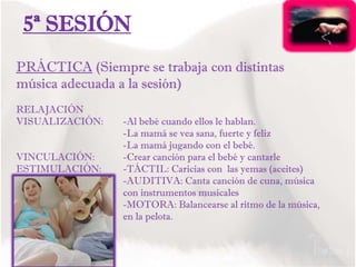 PRÁCTICA (Siempre se trabaja con distintas
música adecuada a la sesión)
RELAJACIÓN
VISUALIZACIÓN: -Al bebé cuando ellos le hablan.
-La mamá se vea sana, fuerte y feliz
-La mamá jugando con el bebé.
VINCULACIÓN: -Crear canción para el bebé y cantarle
ESTIMULACIÓN: -TÁCTIL: Caricias con las yemas (aceites)
-AUDITIVA: Canta canción de cuna, música
con instrumentos musicales
-MOTORA: Balancearse al ritmo de la música,
en la pelota.
5ª SESIÓN
 