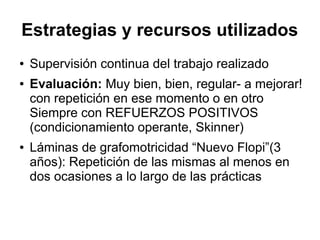 Estrategias y recursos utilizados
● Supervisión continua del trabajo realizado
● Evaluación: Muy bien, bien, regular- a mejorar!
con repetición en ese momento o en otro
Siempre con REFUERZOS POSITIVOS
(condicionamiento operante, Skinner)
● Láminas de grafomotricidad “Nuevo Flopi”(3
años): Repetición de las mismas al menos en
dos ocasiones a lo largo de las prácticas
 
