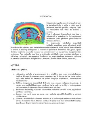 ÁREA SOCIAL
Esta área incluye las experiencias afectivas y
la socializaciónde la niña o niño, que le
permitirá sentirse querido y seguro, capaz
de relacionarse con otros de acuerdo a
normas.
Para el adecuado desarrollo de esta área es
primordial la participación de los padres o
cuidadores como primeros generadores de
vínculos afectivos.
Es importante brindarles seguridad,
cuidado, atención y amor, además de servir
de referencia o ejemplo pues aprenderán cómo comportarse frente a otros. Los valores de
la familia, el afecto y las reglas de la sociedad le permitirán a la niña o niño, poco a poco,
dominar su propia conducta, expresar sus sentimientos y ser una persona independiente y
autónoma. Para estimular esta área se realizarán actividades que permitan satisfacer su
iniciativa, curiosidad y su necesidad de obtener un mayor grado de autonomía en lo que
se refiere a los hábitos de independencia personal (alimentación, vestido, aseo, etc.).
METODO
Edad de 0 a 3 Meses
1. Alimente a su bebé al seno materno si es posible y sino existe contraindicación
médica. El acto de mamares muy importante en la formación de lazos madre-
hijo.Entre ambos se establece un primer lenguaje, sinpalabras, “comunicación
multisensorial’’.
2. Háblele siempre con naturalidad, de frente, cara a caraen cualquier situación y a la
menor oportunidad.El estímulo vocal que da la madre a su hijo es tanimportante
para su desarrollo como su alimentaciónal seno materno.
3. Estimúlelo a sonreír y reaccione a su sonrisa; hábleleen un tono suave, dígale cosas
cariñosas y sonríale.
4. Compre un móvil para su cuna, con melodía agradable.Instálelo y actívelo
regularmente.
5. Cántele y arrúllelo con canciones de cuna; si lo puedehacer sentada cómodamente
en una mecedora, mejor. Procure cambiar de posición al niño con cierta frecuencia
cuando esté despierto; no lo deje en la misma postura siempre.
 