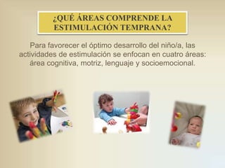¿QUÉ ÁREAS COMPRENDE LA
ESTIMULACIÓN TEMPRANA?
Para favorecer el óptimo desarrollo del niño/a, las
actividades de estimulación se enfocan en cuatro áreas:
área cognitiva, motriz, lenguaje y socioemocional.

 